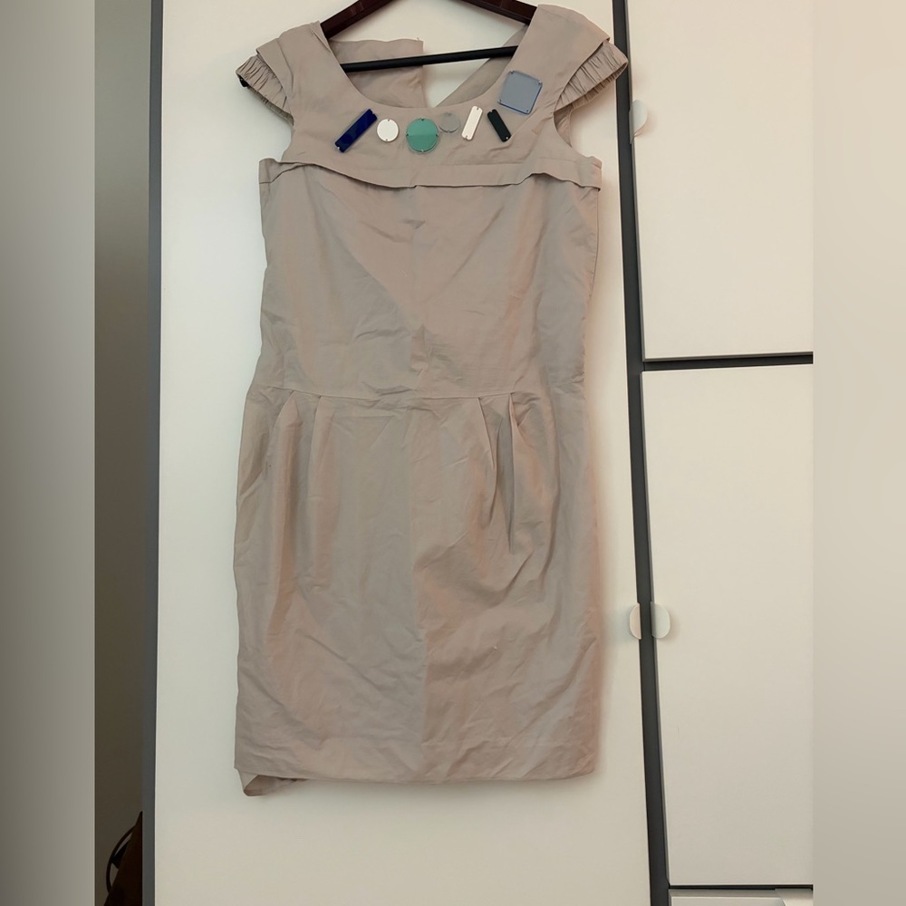 Mint Taupe Midi Sheath Dress with Decorative Neck Accents